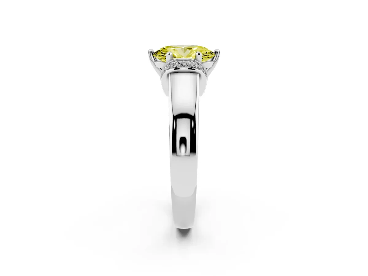 Fancy Yellow Oval Cut Solitaire Diamond Ring with Pave Band and Six-Prong Setting Silver