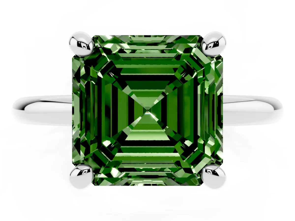 Fancy Green Asscher Cut Solitaire Diamond Ring with Four-Prong Setting on a Plain Band Platinum
