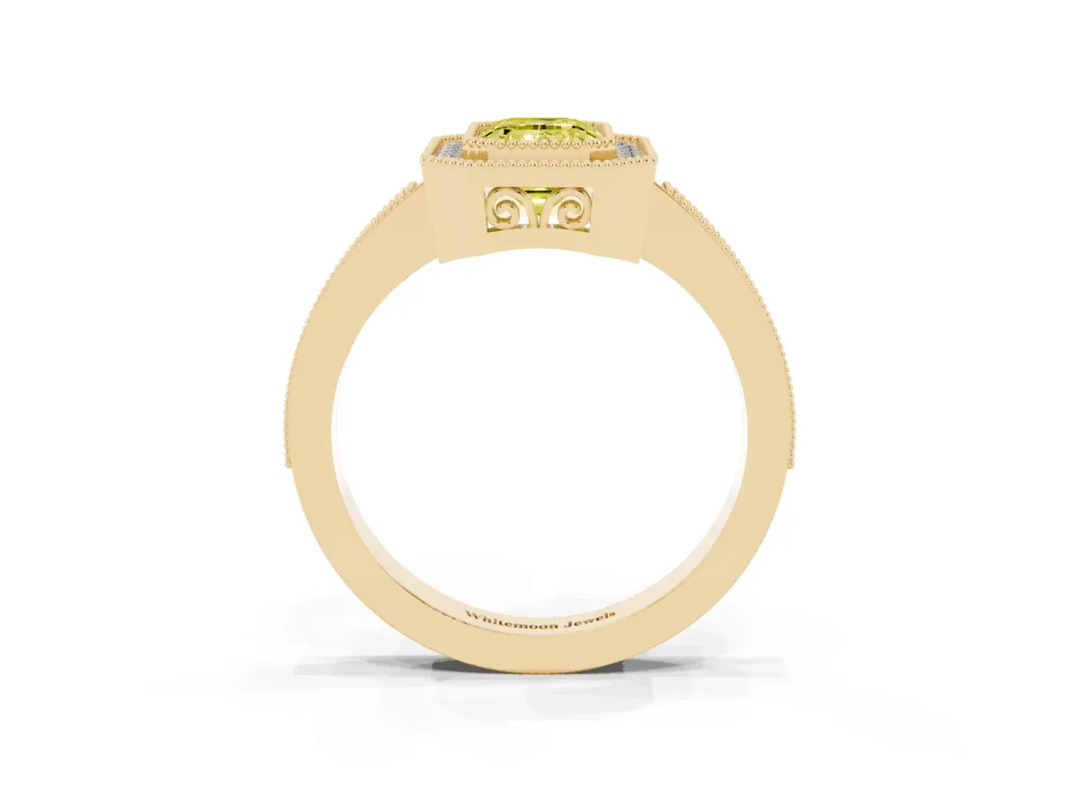 Fancy Yellow Emerald Cut Cut Halo Diamond Ring with Pavé Band and Milgrain Prong Setting Yellow gold