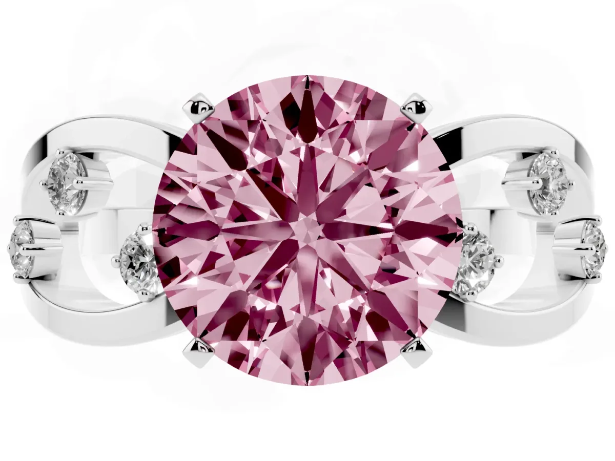 Fancy Pink Round Cut Cut Solitaire Diamond with Side Stones on Criss-Cross Band and Four-Prong Setting White gold
