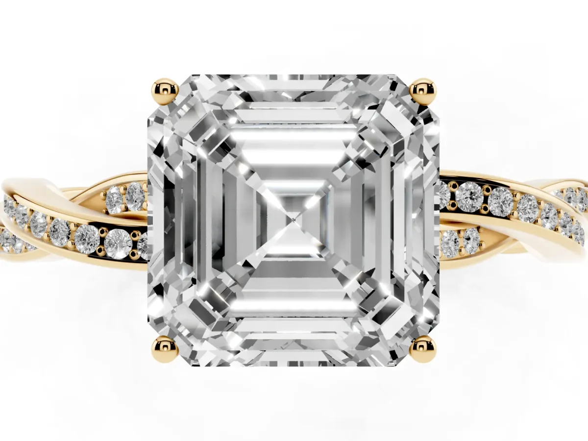 Asscher Cut Solitaire Twisted Pave Diamond Ring with Four-Prong Setting Yellow gold