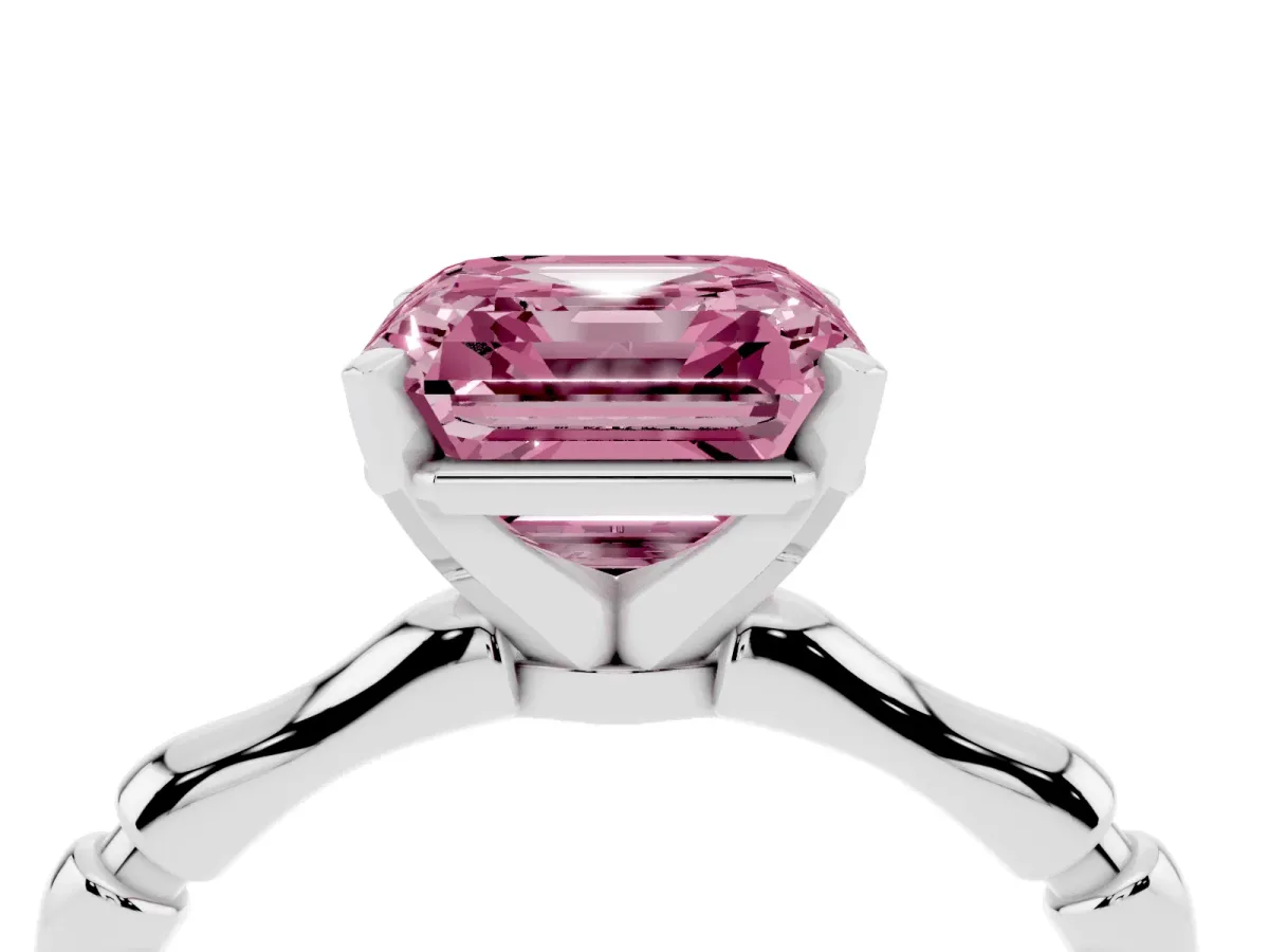 Fancy Pink Asscher Cut Solitaire Diamond Ring with Bamboo Band and Four-Prong Setting Silver