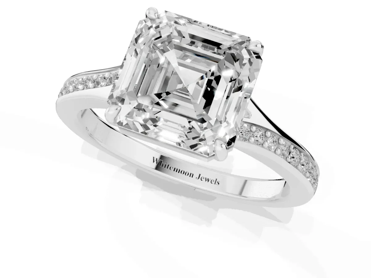 Asscher Cut Diamond Solitaire Ring with Pavé Band and Prong Setting Silver