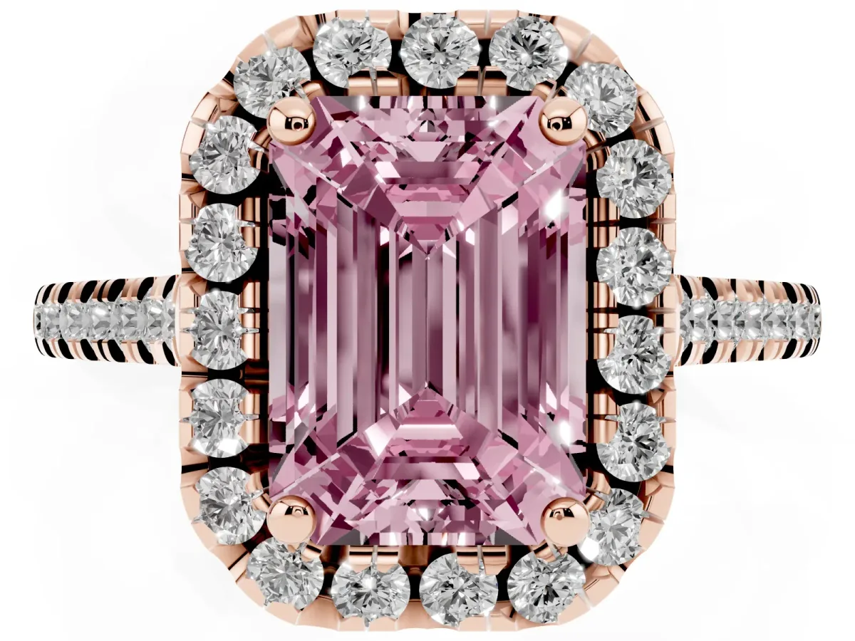 Fancy Pink Emerald Cut Diamond Cushion Halo Ring with Pavé Band Rose gold
