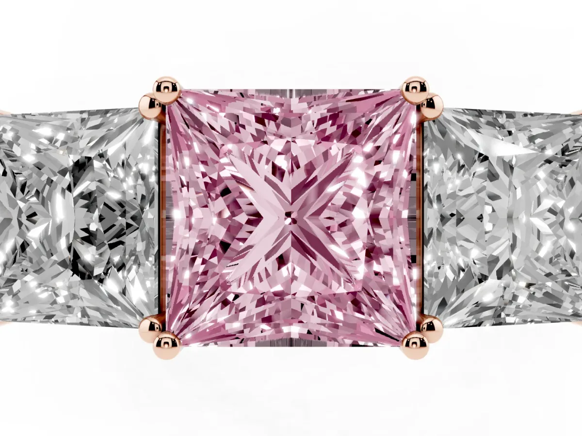 Fancy Pink Princess Cut Diamond Three-Stone Ring with Prong Setting and Textured Band Rose gold
