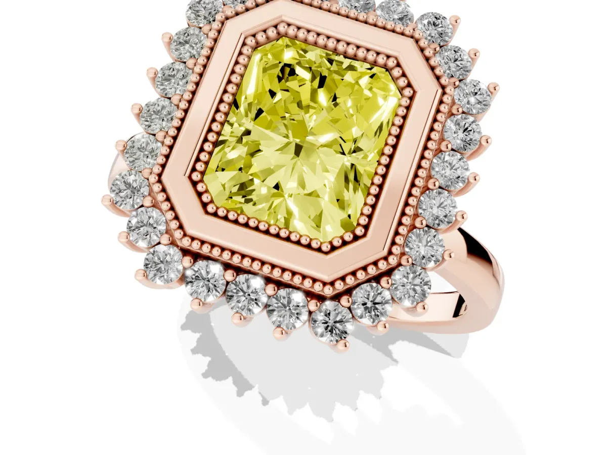 Fancy Yellow Radiant Cut Halo Diamond Ring with Milgrain Edge and Round Prong Setting Rose gold