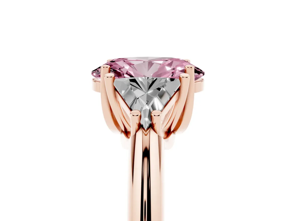 Fancy Pink Three-Stone Oval Cut Diamond Engagement Ring with Trillion Side Stones and Prong Setting Rose gold