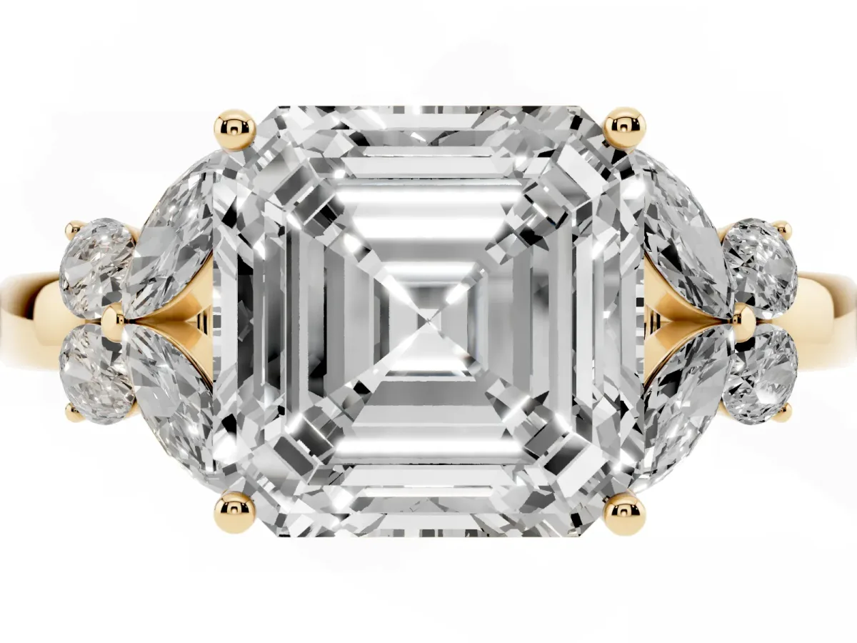 Asscher Cut Cut Solitaire Floral Diamond Ring with Four-Prong Setting Yellow gold