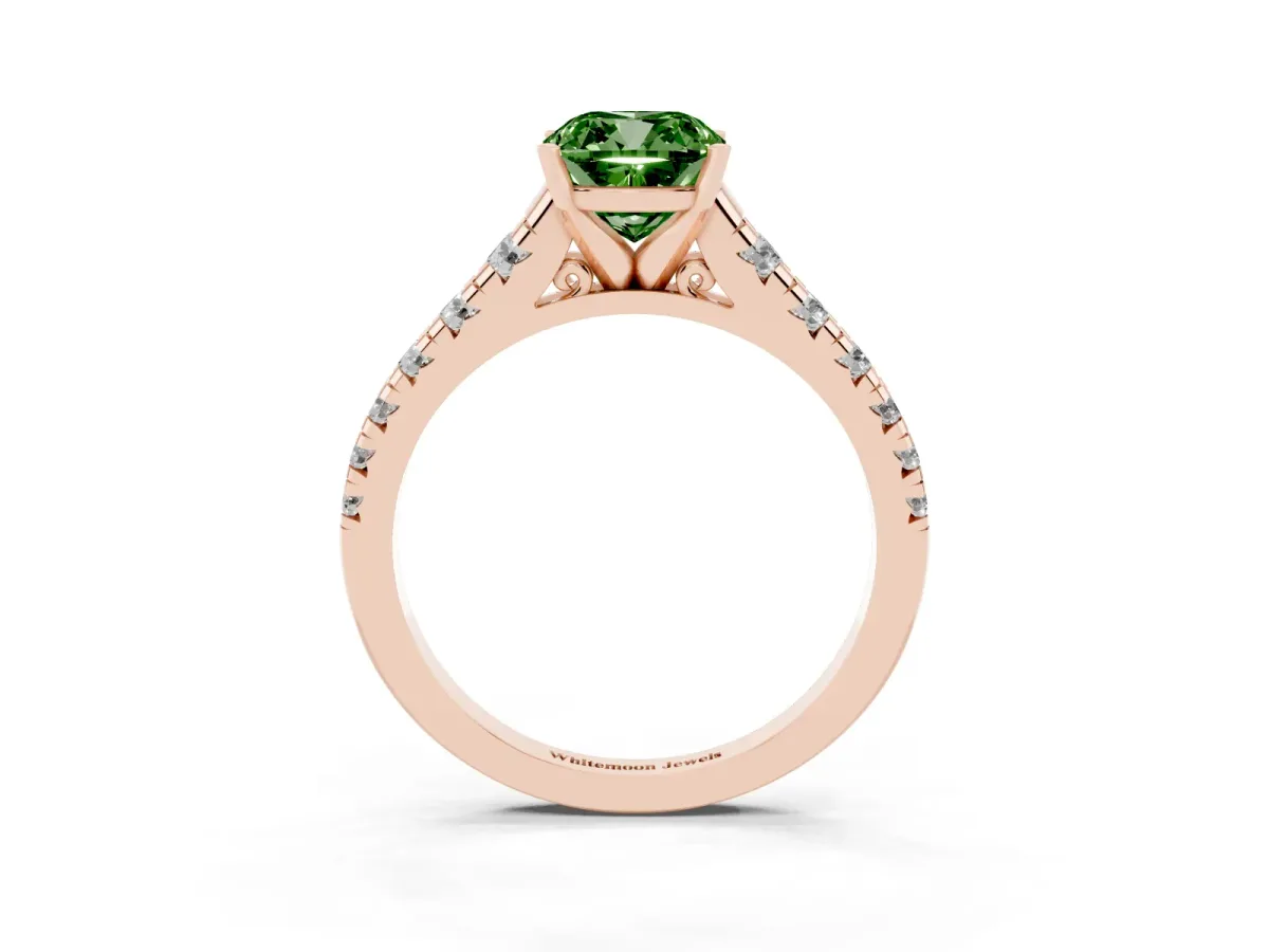 Fancy Green Cushion Cut Diamond Cathedral Solitaire Ring with Round Pavé Band Rose gold
