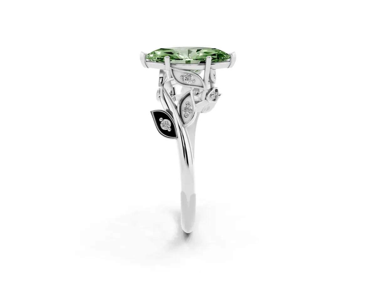Fancy Green Marquise Cut Solitaire Twist Engagement Ring with Leaf Accents and Prong Setting Platinum