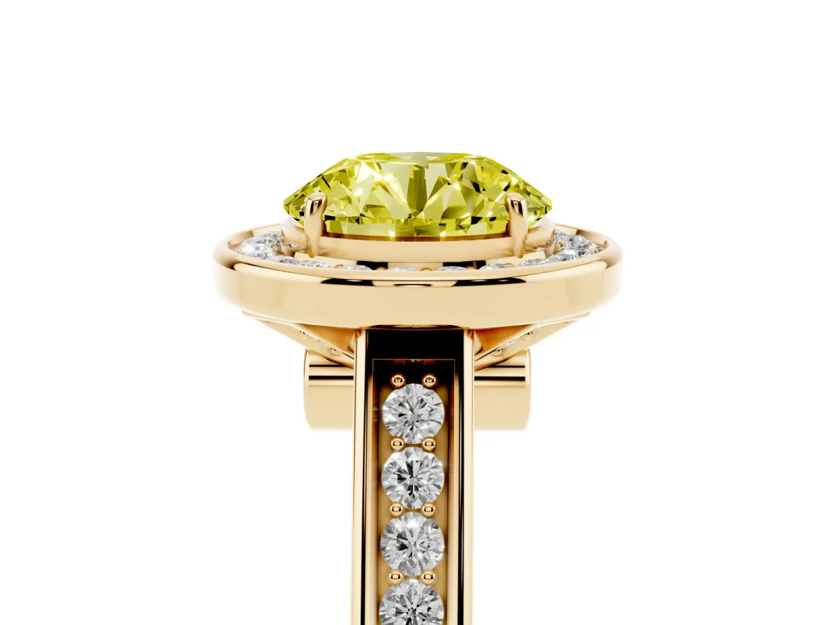 Fancy Yellow Round Cut Halo Solitaire Diamond Ring with Pave Band and Bezel Setting Yellow gold