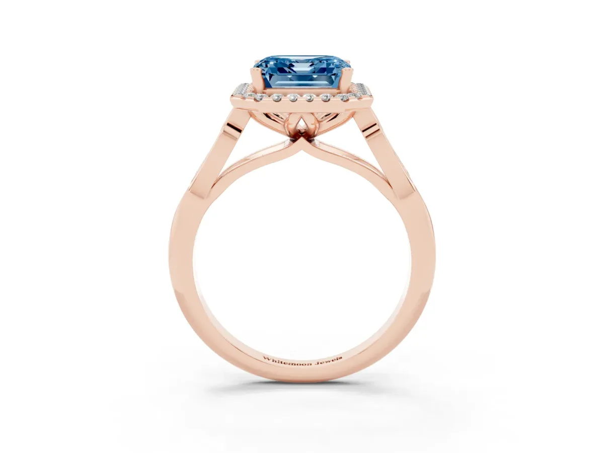 Fancy Blue Asscher Cut Halo Diamond Engagement Ring with Filigree Band and Four-Prong Setting Rose gold