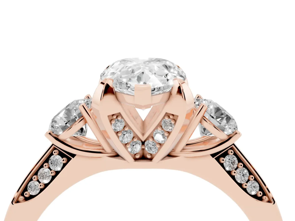 Pear Cut Brilliant Three-Stone Diamond Ring with Pavé Band and Four-Prong Setting Rose gold
