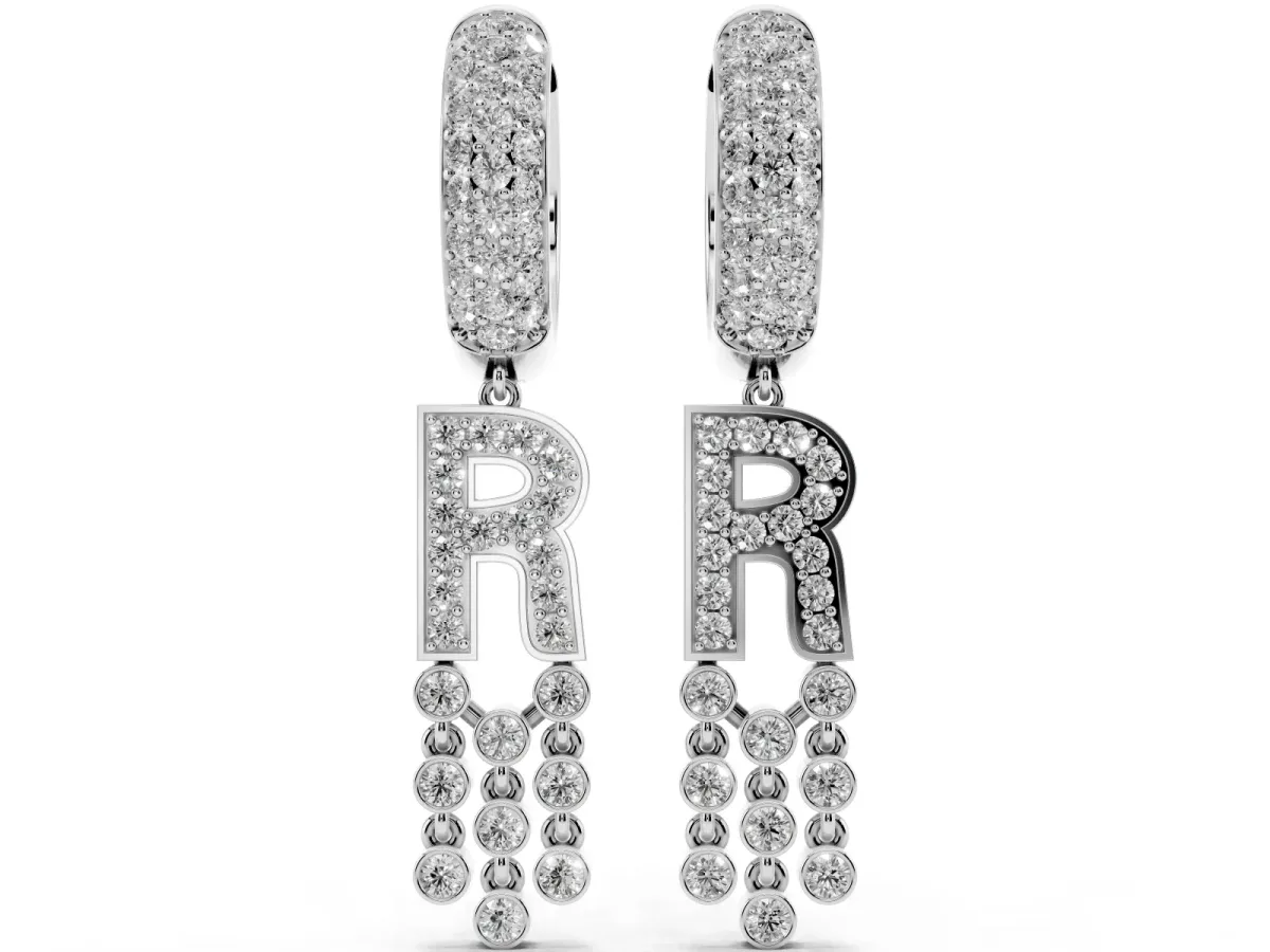 Round Diamond Initial R Huggie Hoop Earrings White gold