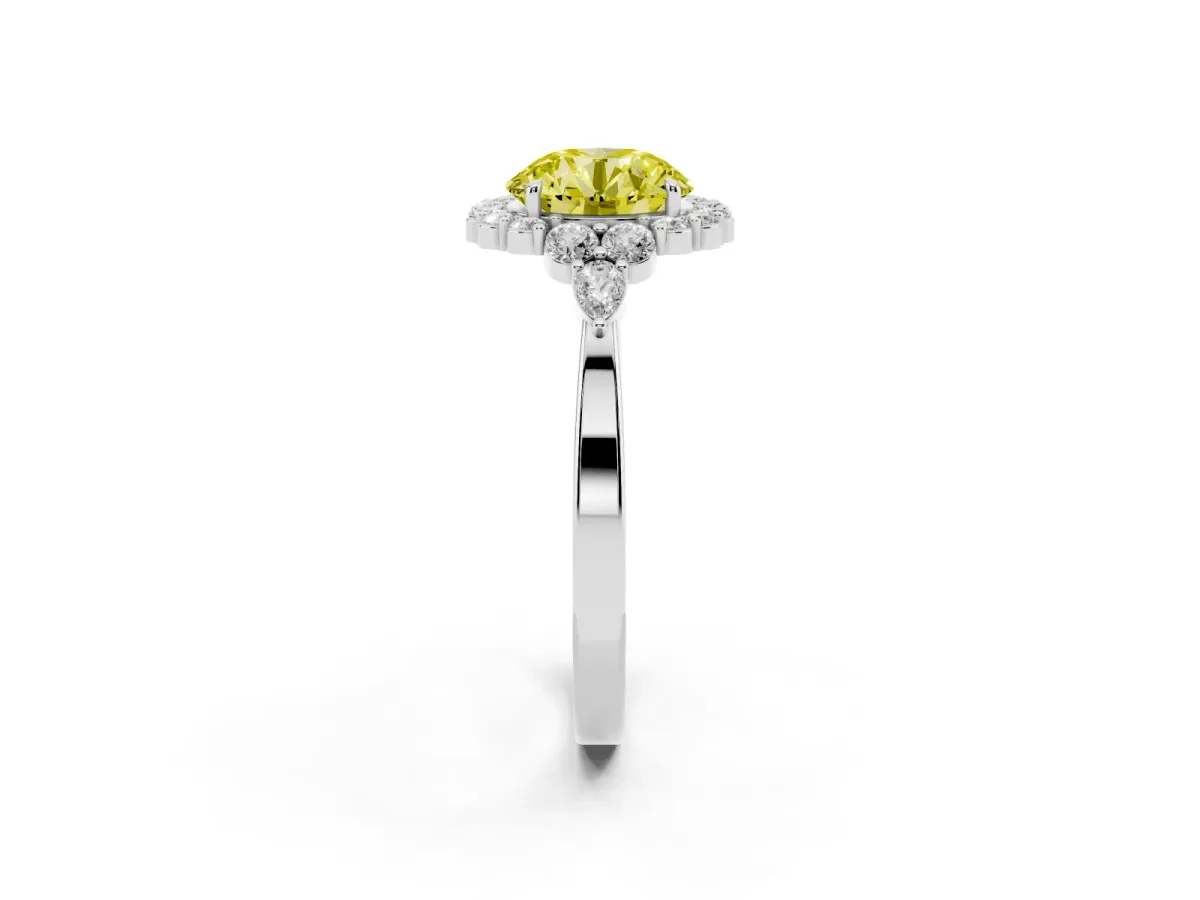 Fancy Yellow Round Cut Diamond Halo Ring with Pear Side Stones and Prong Setting Silver