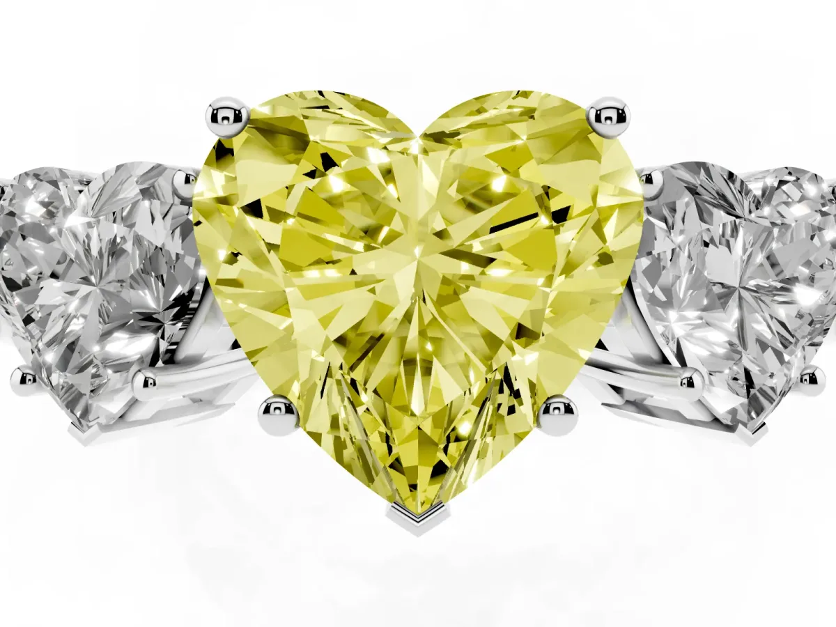 Fancy Yellow Three-Stone Heart Cut Cut Diamond Engagement Ring with Flat Band and Four-Prong Setting Silver