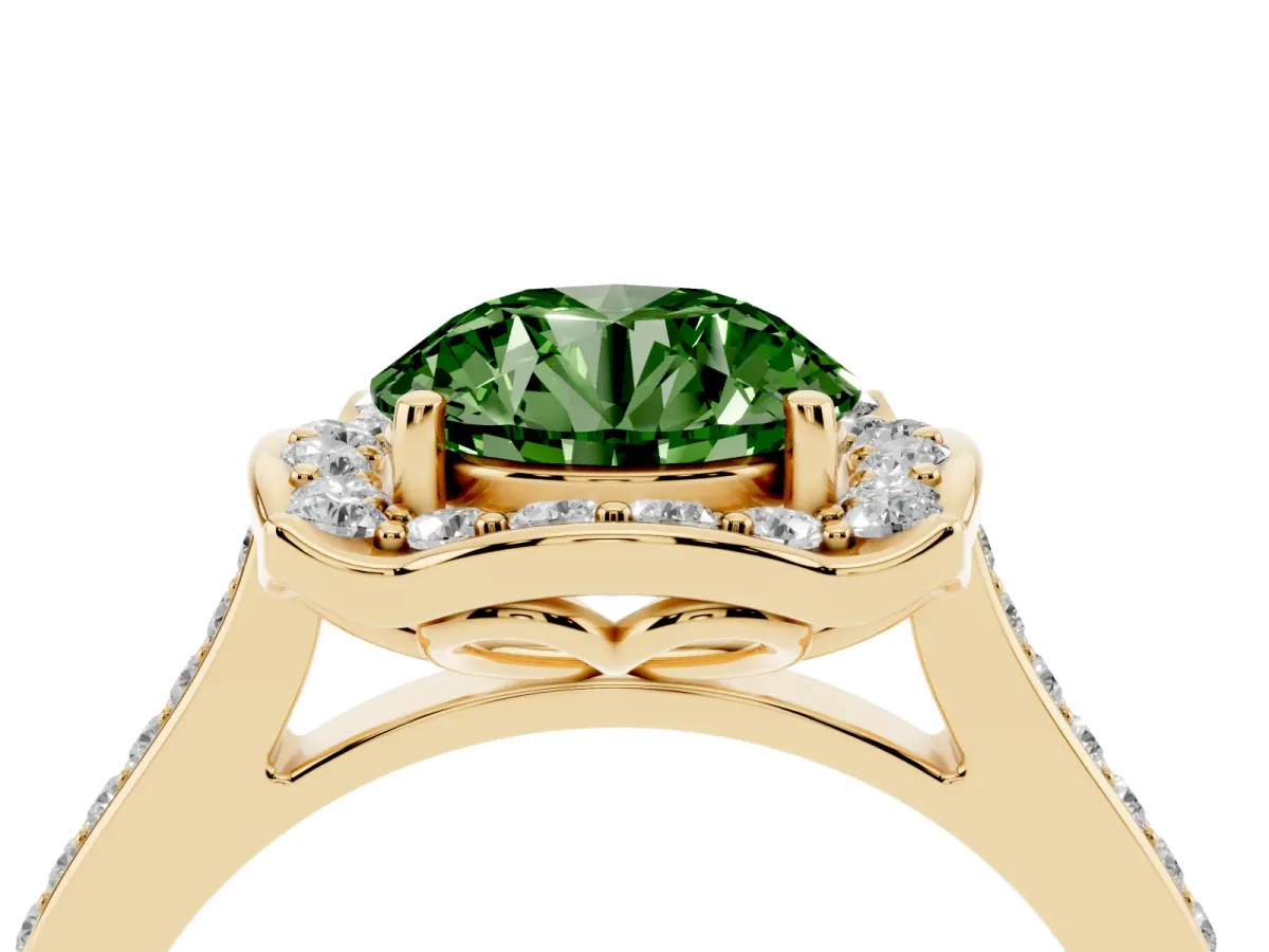 Fancy Green Round Cut Halo Round Diamond Pave Band with Four-Prong Setting Yellow gold