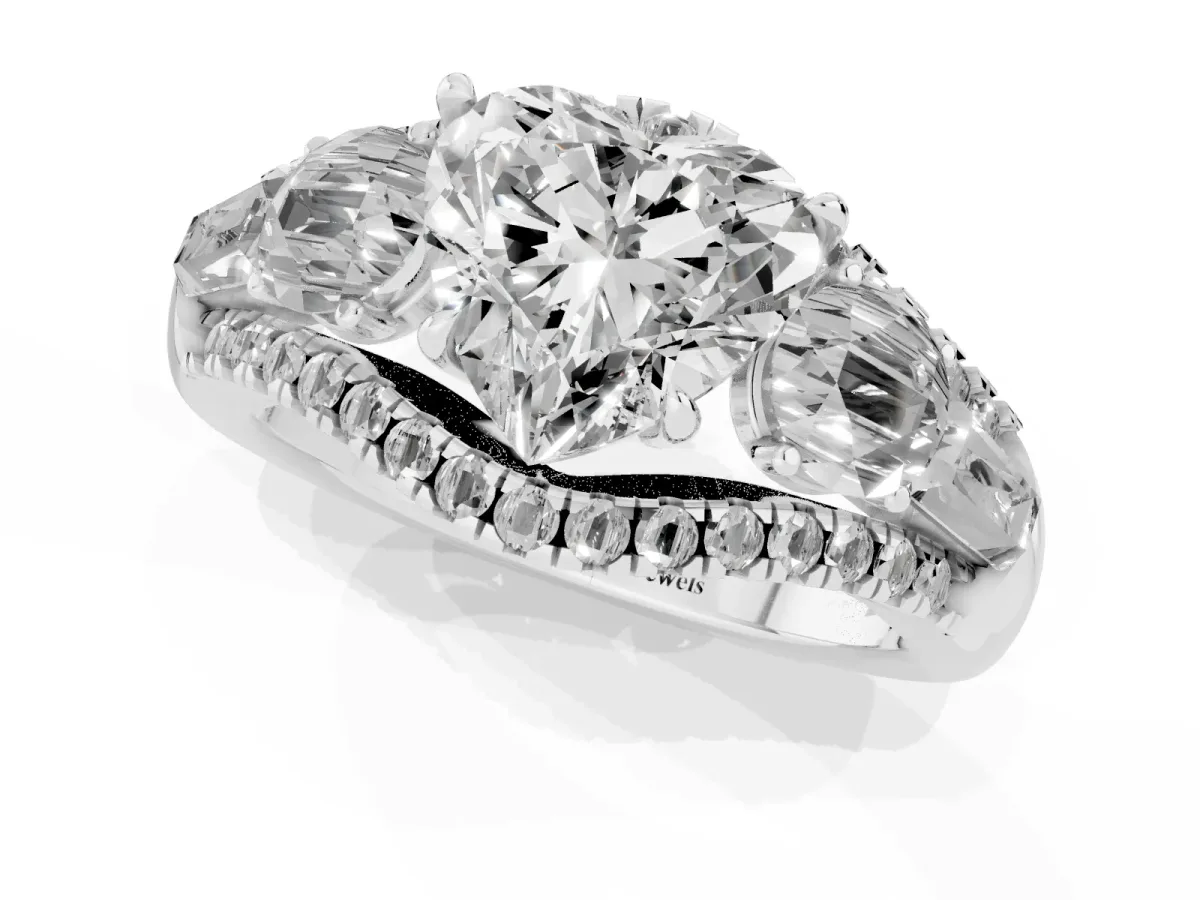 Three-Stone Heart Cut Diamond Engagement Ring with Pave Band and Prong Setting Silver