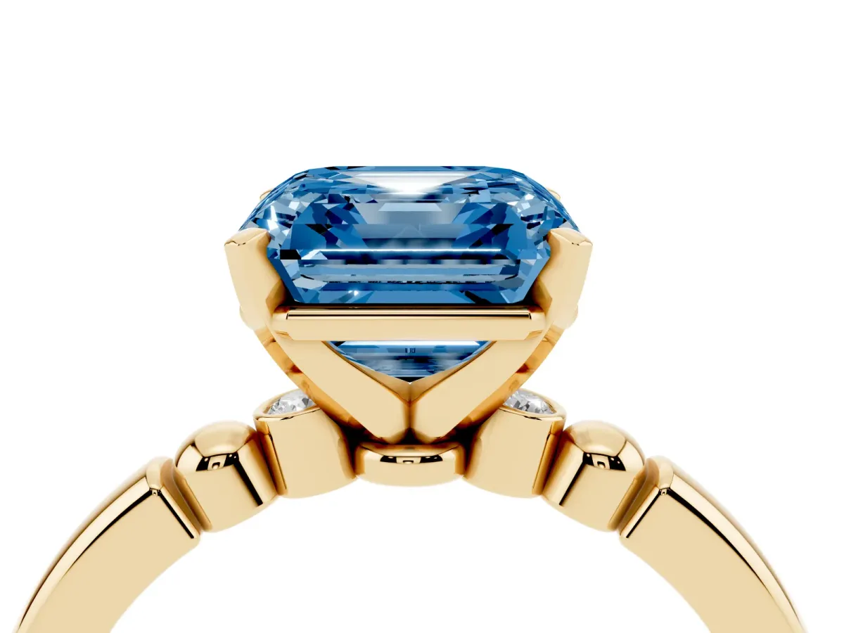 Fancy Blue Asscher Cut Solitaire Beaded Band with Four-Prong Setting Yellow gold