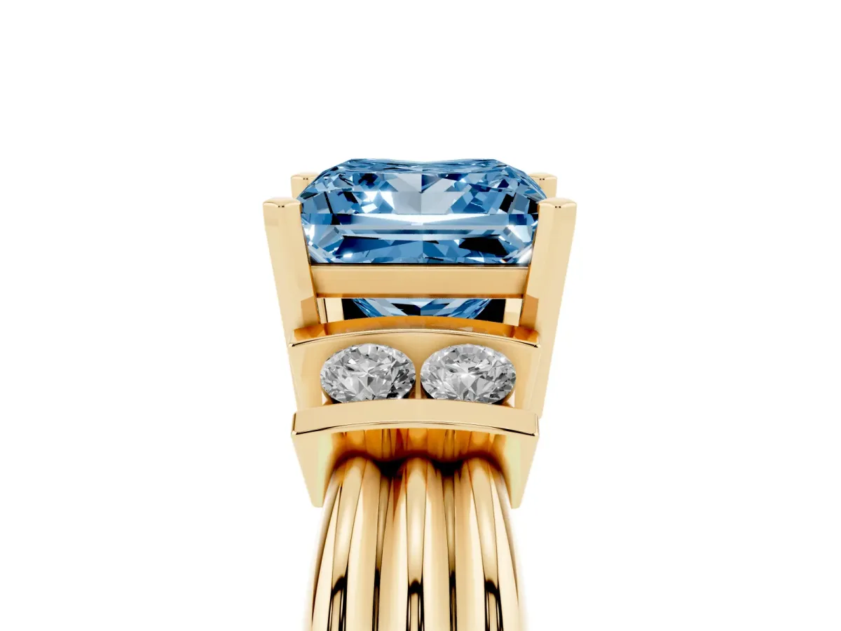 Fancy Blue Princess Cut Cut Three-Stone Channel Set Ring with Bar Prongs Yellow gold