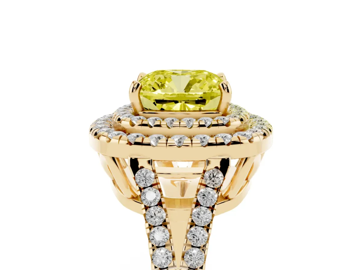 Fancy Yellow Cushion Cut Diamond Double Halo Ring with Pavé Band and Prong Setting Yellow gold