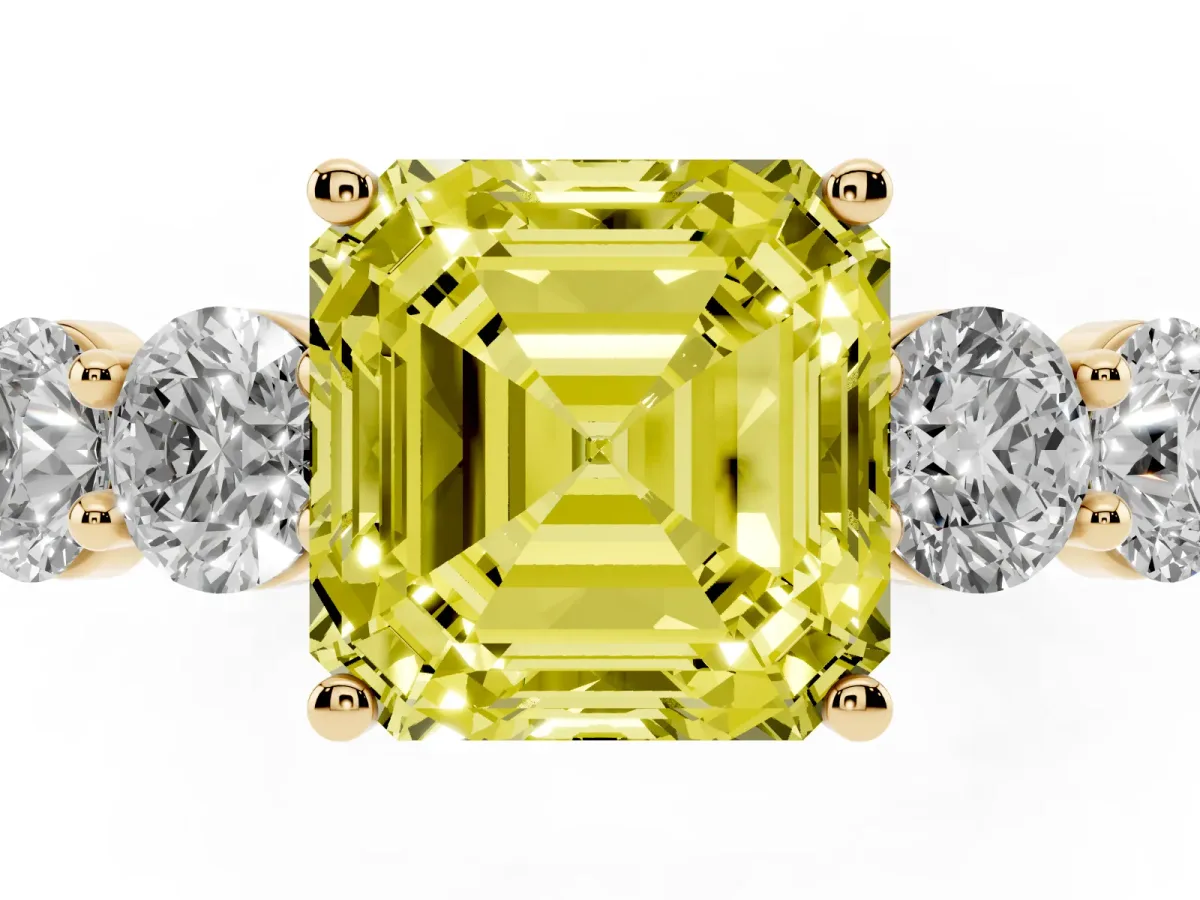Fancy Yellow Asscher Cut Cut Five-Stone Prong Set Diamond Ring with Classic Band Yellow gold