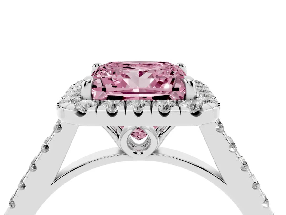 Fancy Pink Princess Cut Halo Pavé Diamond Engagement Ring with Four-Prong Setting Silver