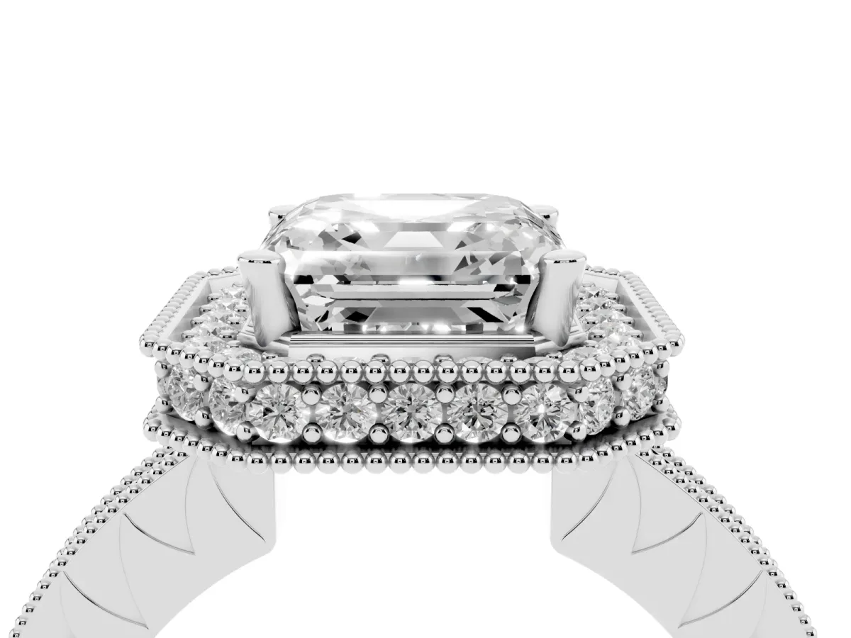 Asscher Cut Diamond Milgrain Halo Engagement Ring with Round Pavé Band and Prong Setting Platinum