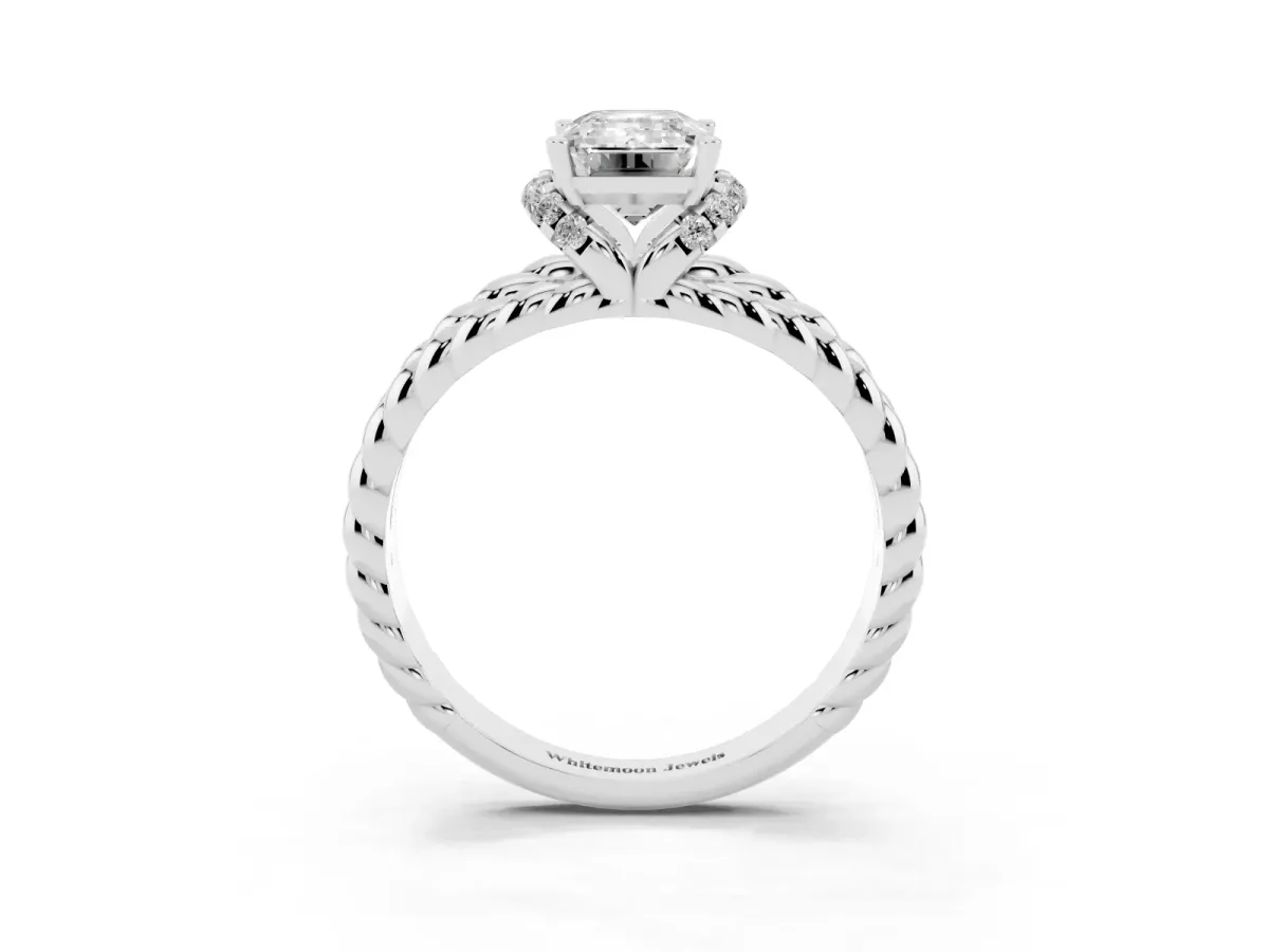 Emerald Cut Halo Twisted Band Four-Prong Ring Silver