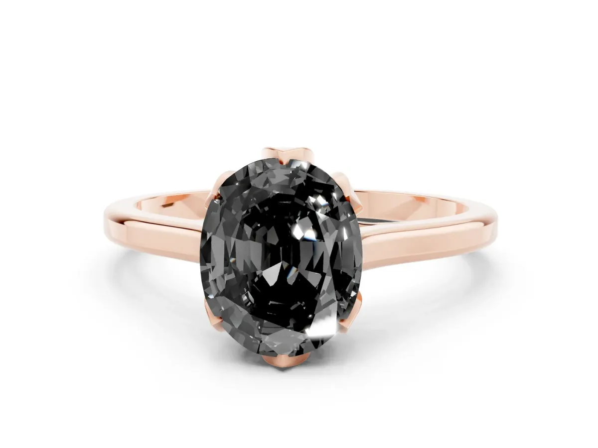 Fancy Black Oval Cut Diamond Solitaire Ring with Flower Prong Setting and Classic Band Rose gold