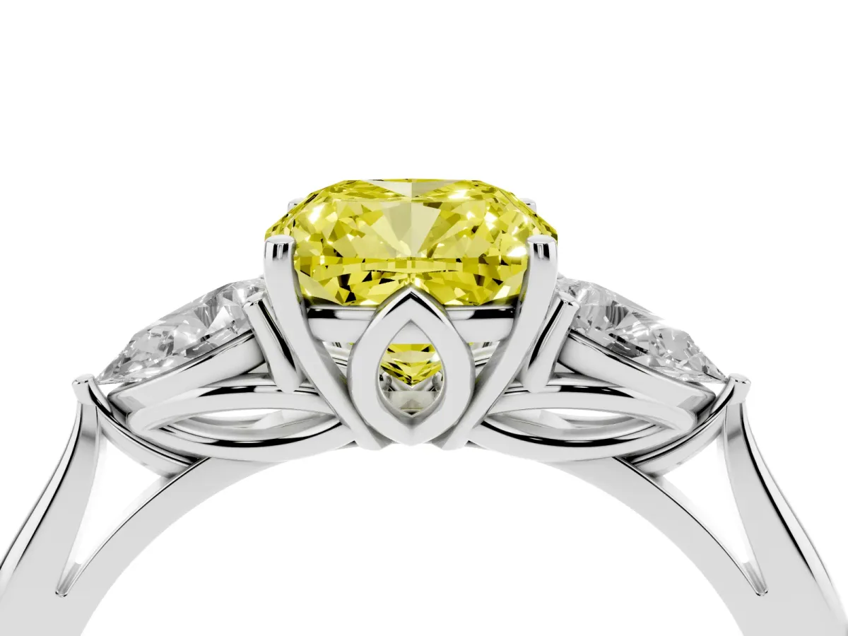 Fancy Yellow Cushion Cut Diamond Three-Stone Ring with Pear Side Stones and Prong Setting Platinum