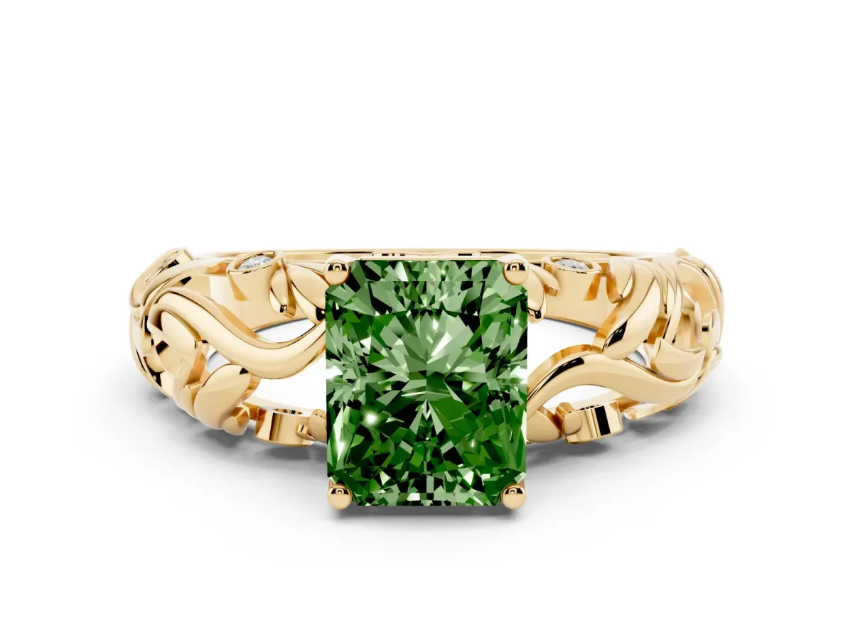 Fancy Green Radiant Cut Solitaire Diamond Leaf-Inspired Vine Band Ring with Prong Setting Yellow gold