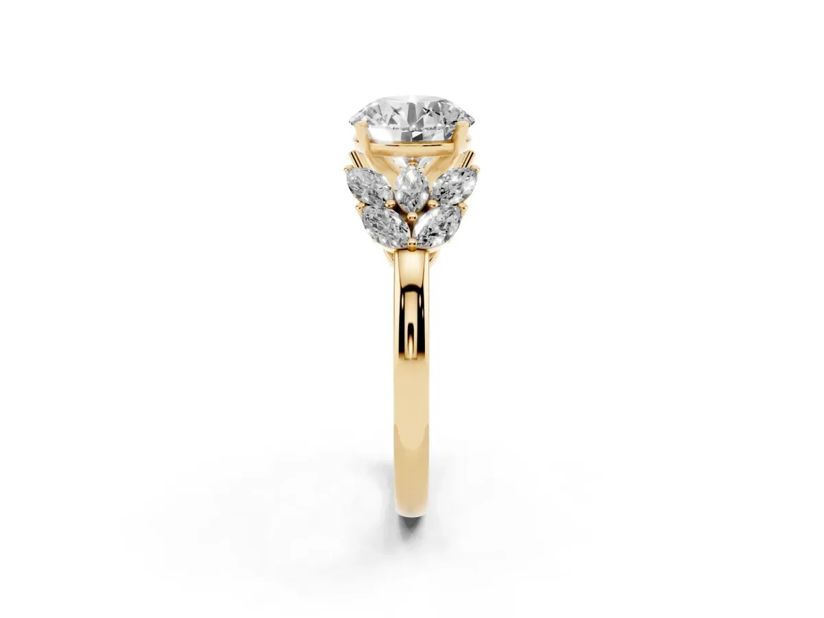 Round Cut Diamond Cluster Leaf Design Ring with Prong Setting Yellow gold