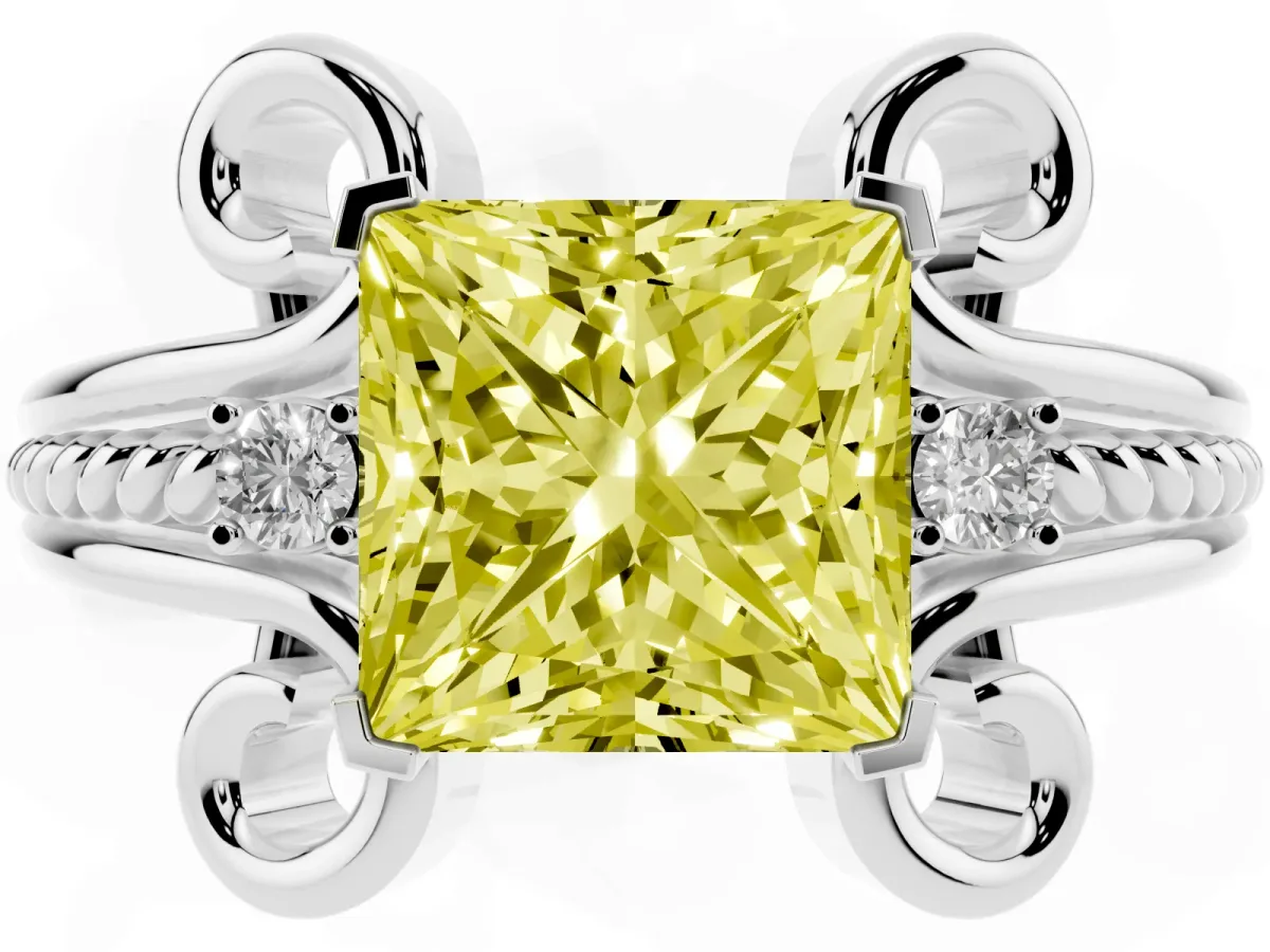 Fancy Yellow Princess Cut Solitaire Twisted Band Scroll Prong Ring Platinum