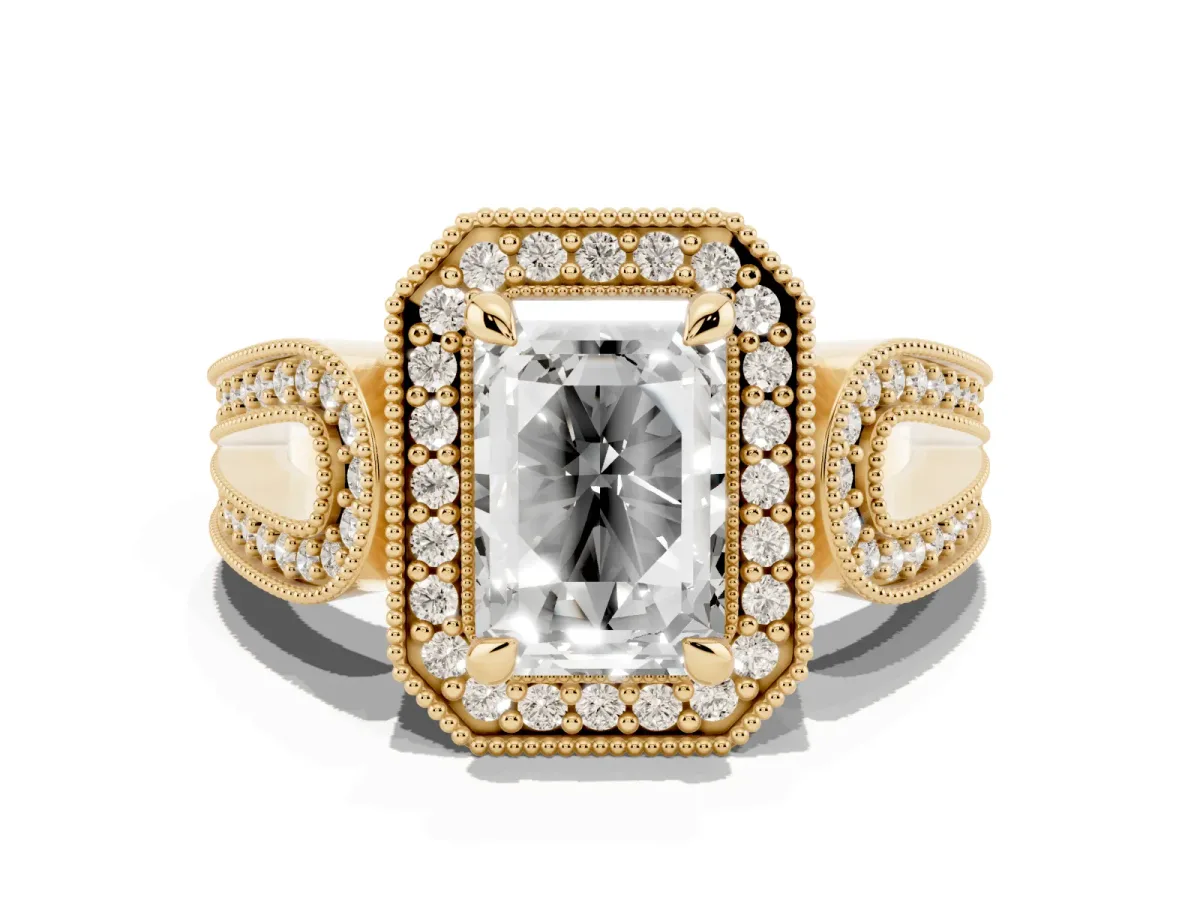Emerald Cut Halo Split Shank Milgrain Diamond Ring Yellow gold