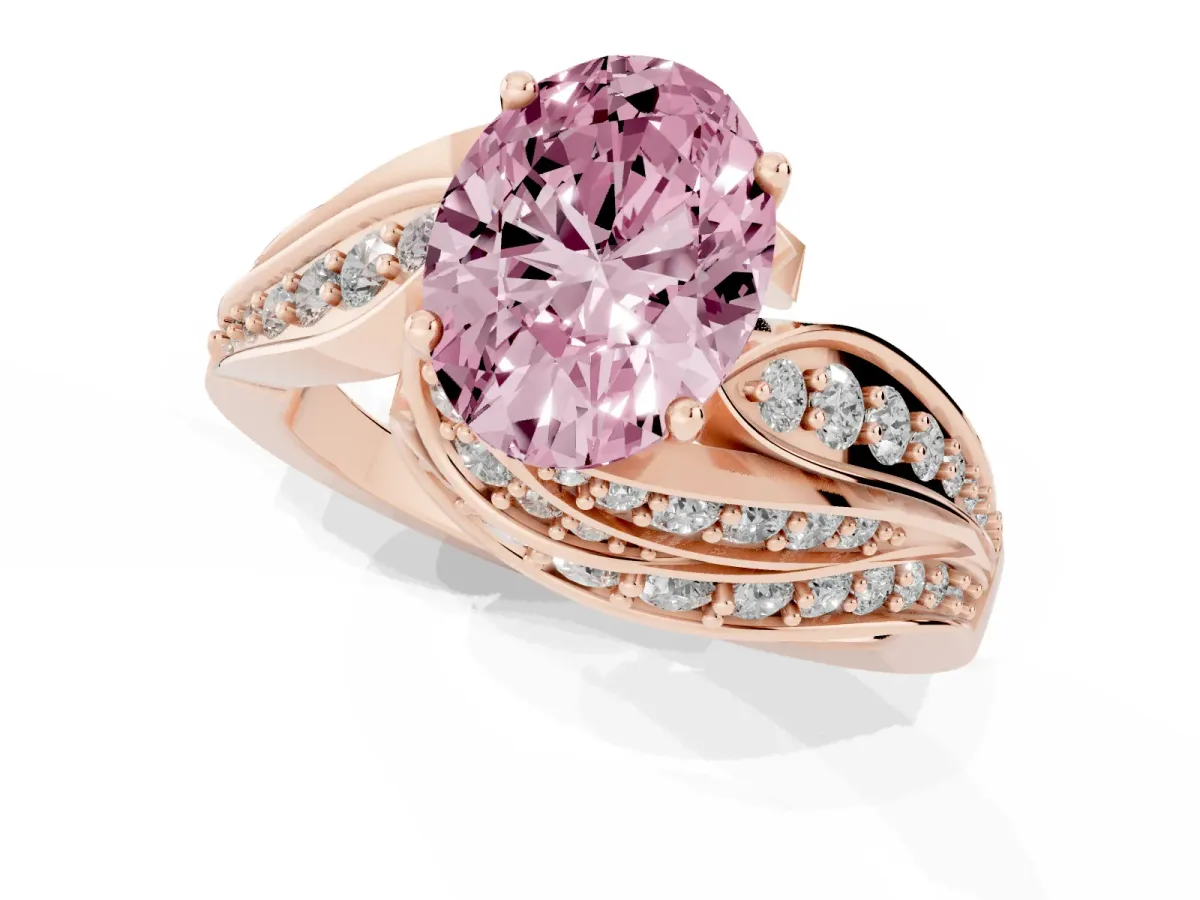 Fancy Pink Oval Cut Diamond Solitaire Ring with Prong Setting and Twisted Pavé Band Rose gold