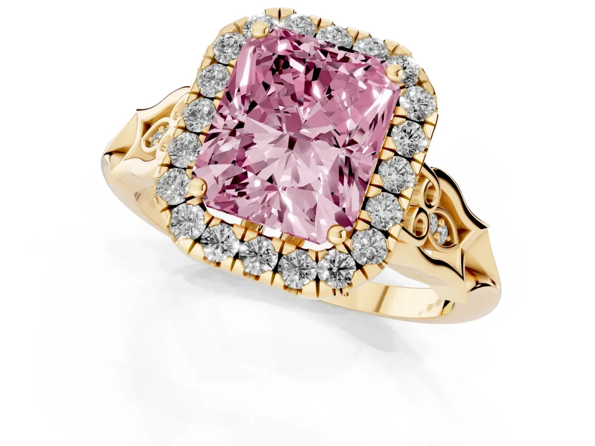 Fancy Pink Radiant Cut Halo Diamond Engagement Ring with Filigree Band and Four-Prong Setting Yellow gold