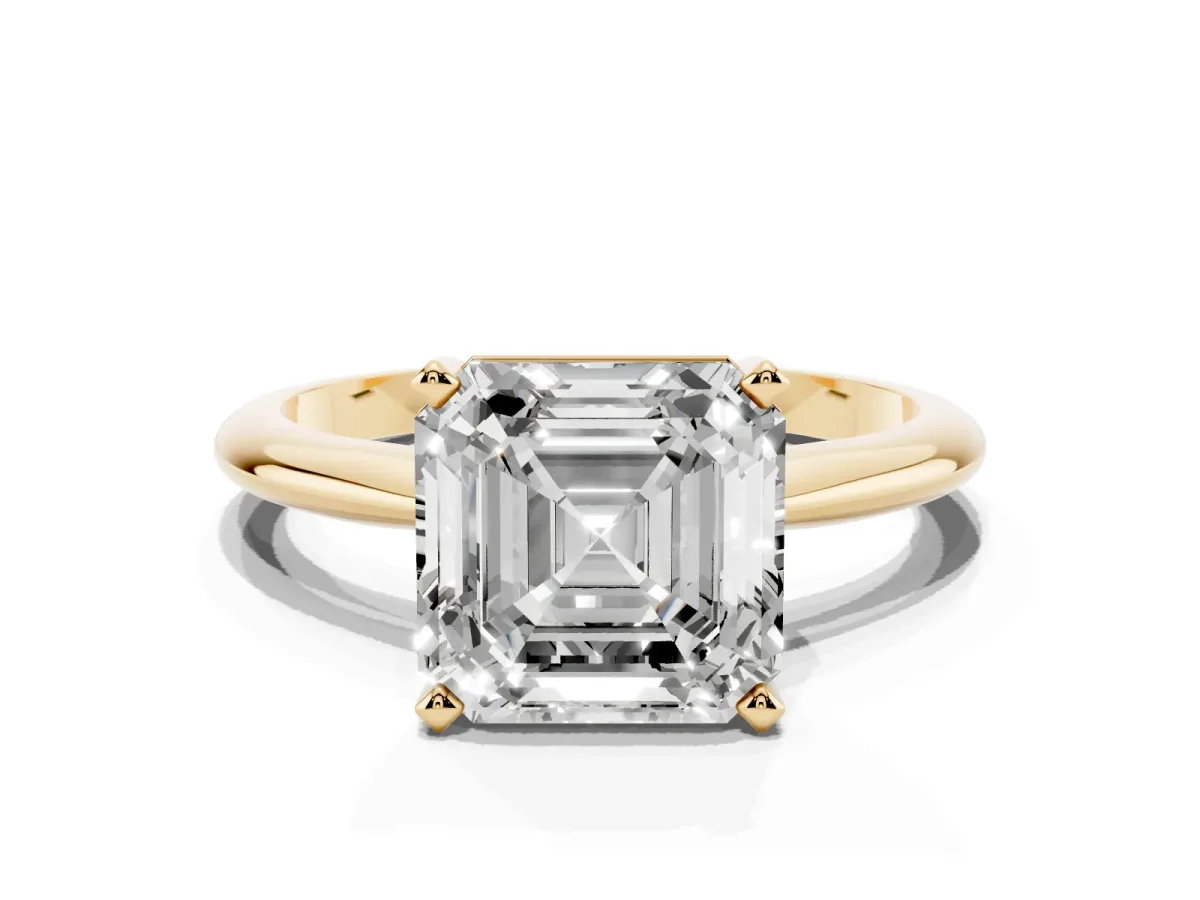 Asscher Cut Cut Solitaire Ring with Four-Prong Setting on a Classic Band Yellow gold