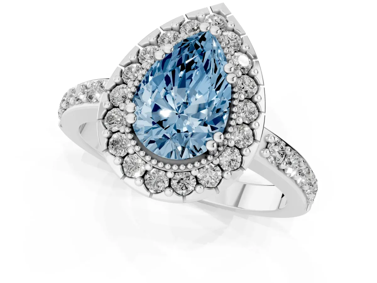 Fancy Blue Pear Cut Diamond Halo Ring with Pavé Band and Prong Setting Platinum