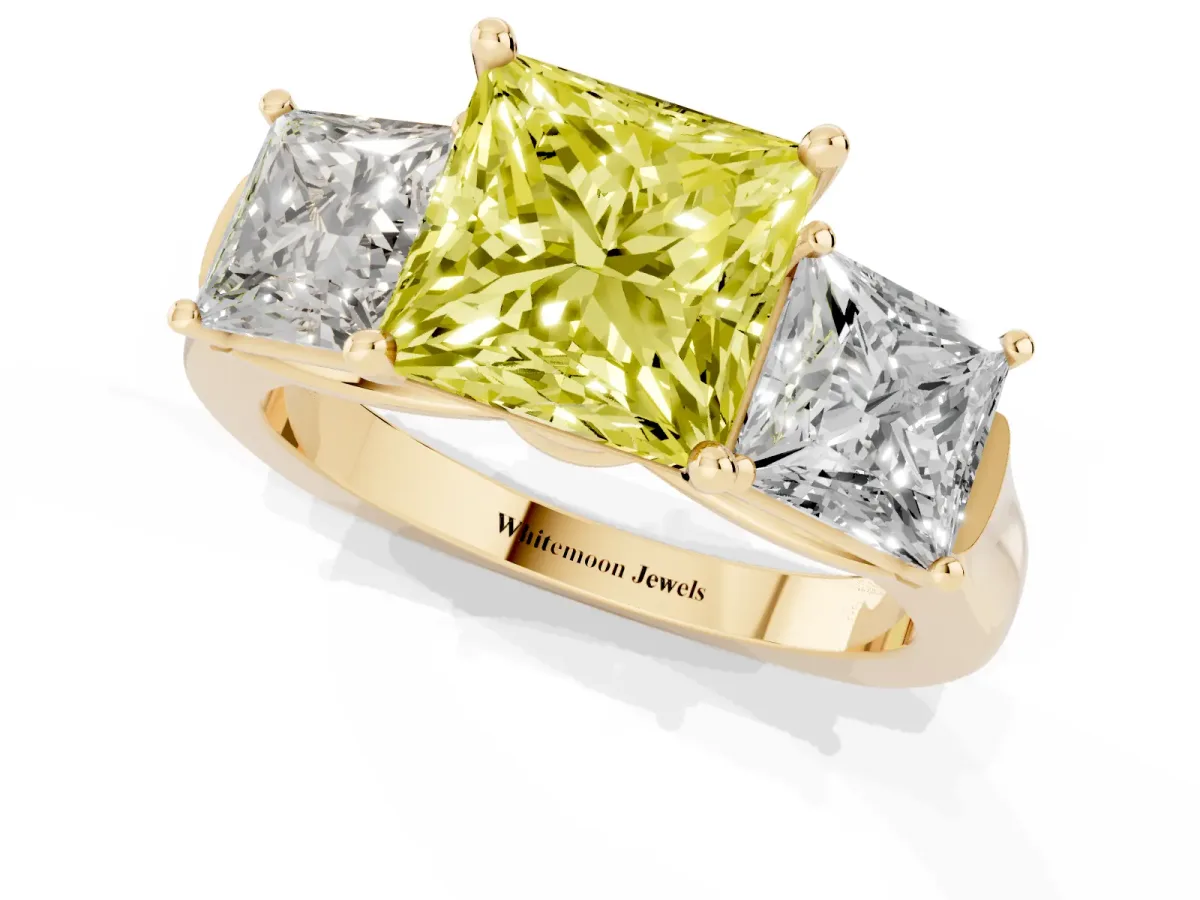 Fancy Yellow Three-Stone Princess Cut Brilliant Diamond Trellis Ring with Comfort Fit Band Yellow gold
