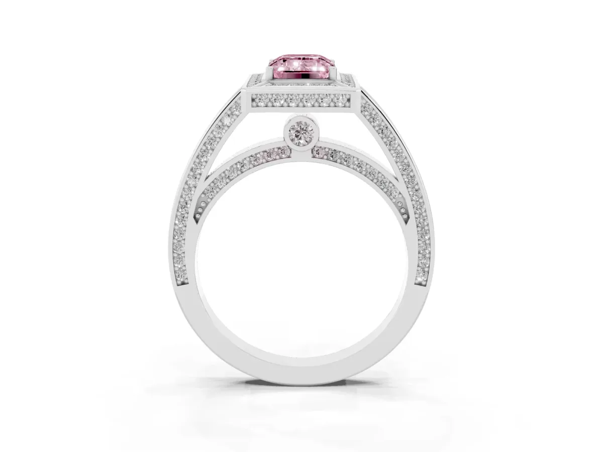Fancy Pink Emerald Cut Cut Halo Pave Split Shank Prong Setting Ring Silver
