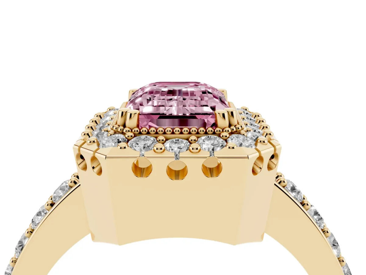 Fancy Pink Emerald Cut Diamond Halo Ring with Pavé Band and Prong Setting Yellow gold