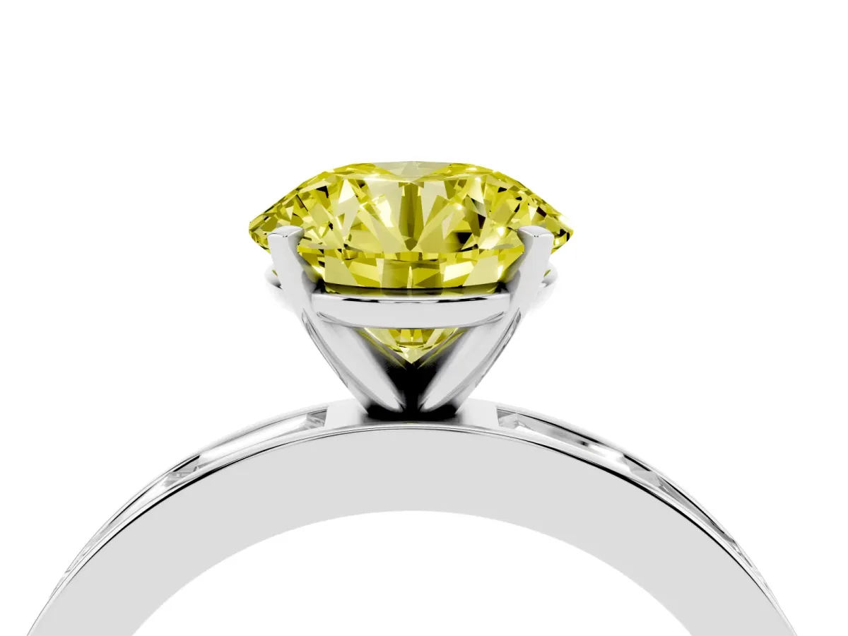 Fancy Yellow Round Cut Solitaire Diamond Ring with Channel-Set Baguette Band and Four-Prong Setting White gold