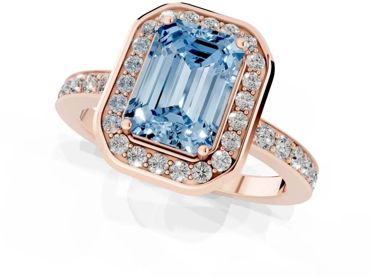 Fancy Blue Emerald Cut Diamond Halo Ring with Bezel Frame and Pavé Band Rose gold