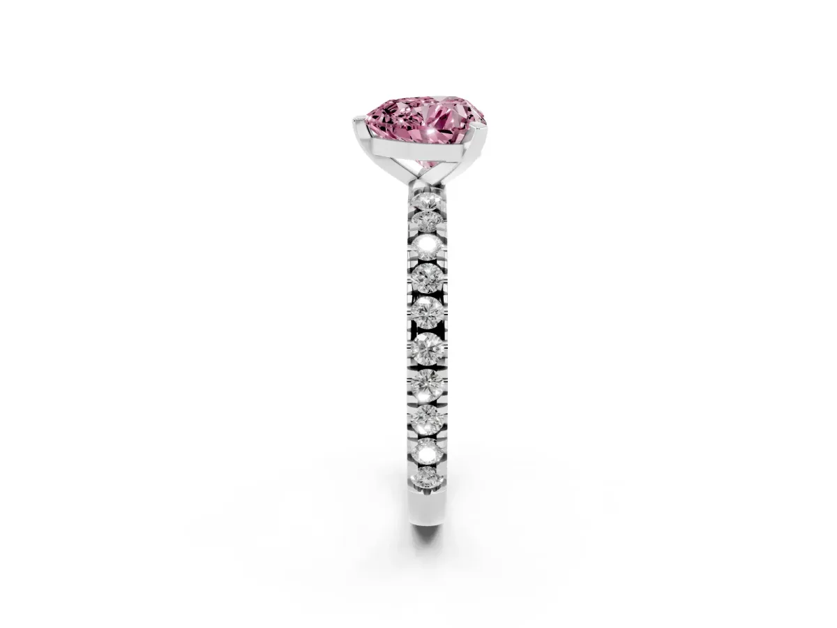 Fancy Pink Heart Cut Diamond Pavé Band Solitaire with Four-Prong Setting Silver