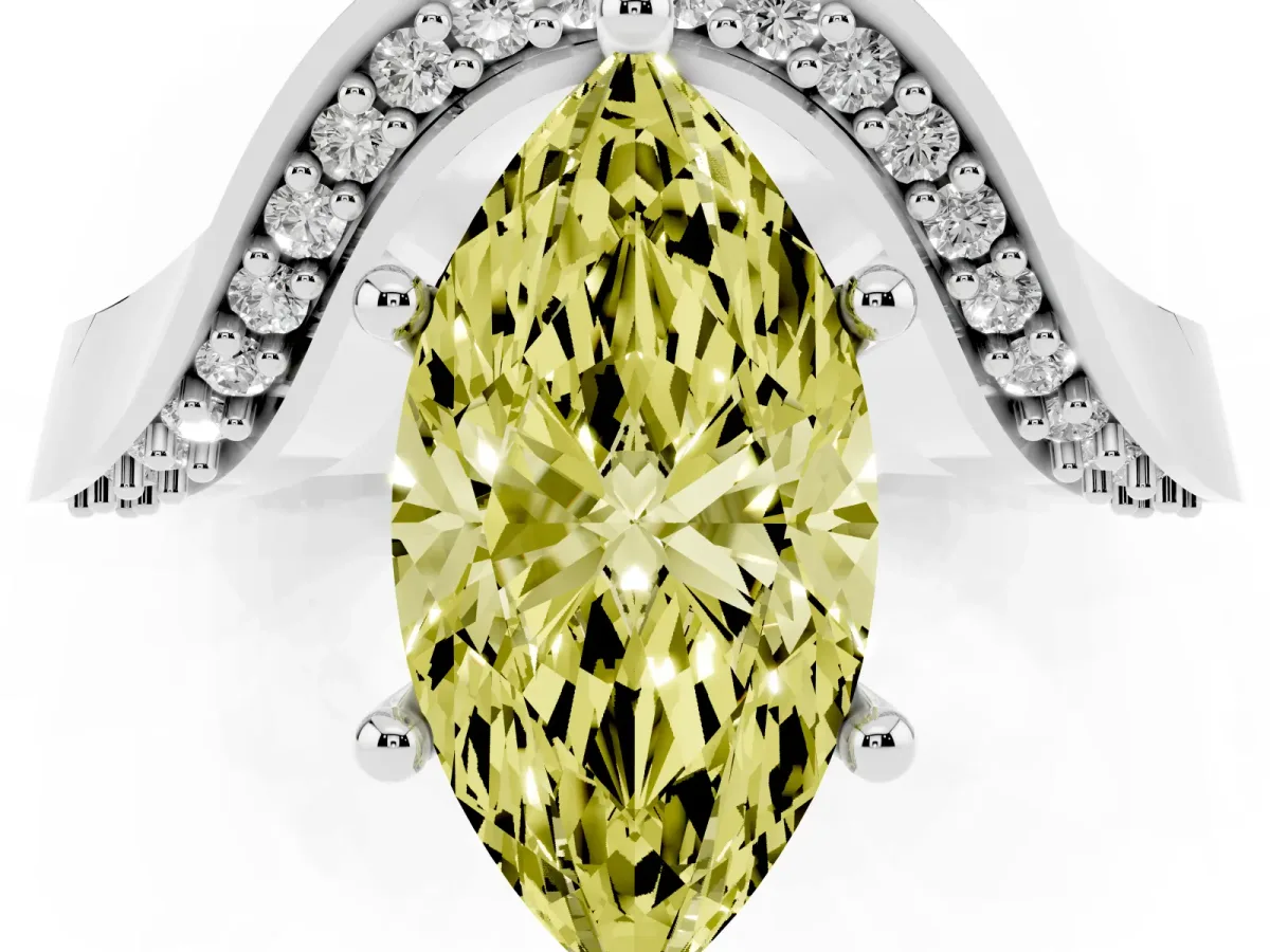 Fancy Yellow Marquise Cut Solitaire Diamond Engagement Ring with Pave Band and Four-Prong Setting White gold