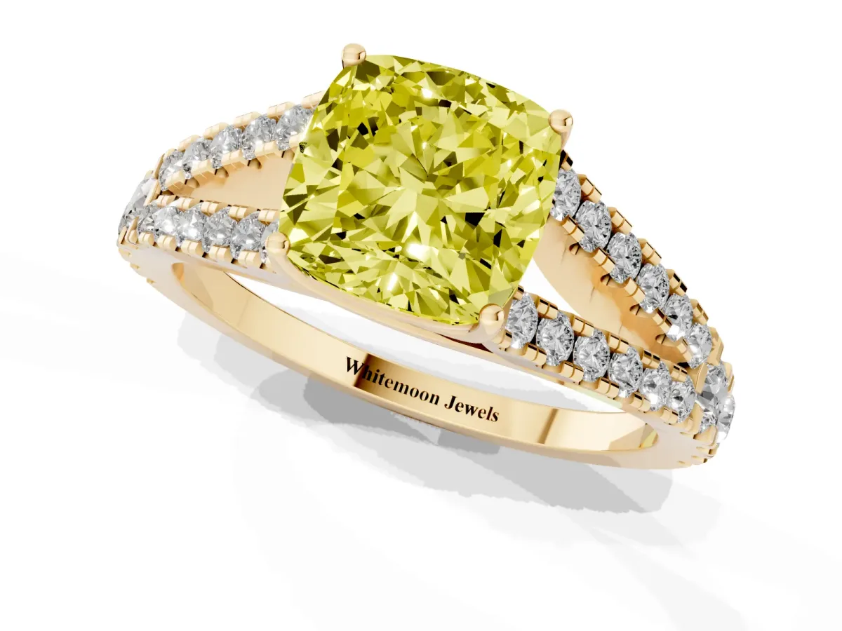 Fancy Yellow Cushion Cut Diamond Split Shank Engagement Ring with Round Pavé and Prong Setting Yellow gold