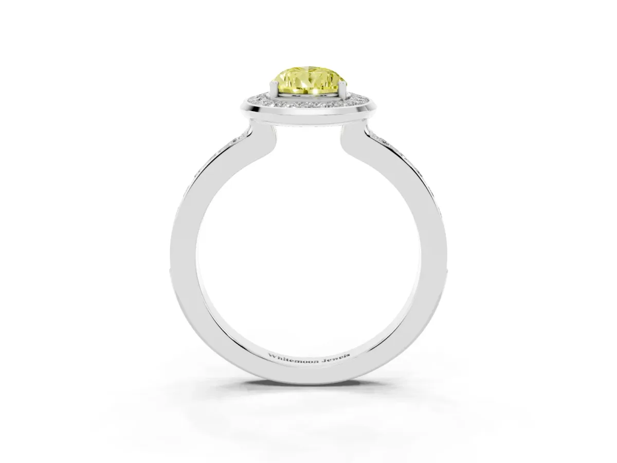 Fancy Yellow Pear Cut Diamond Halo Ring with Bezel Frame and Pavé Band Silver