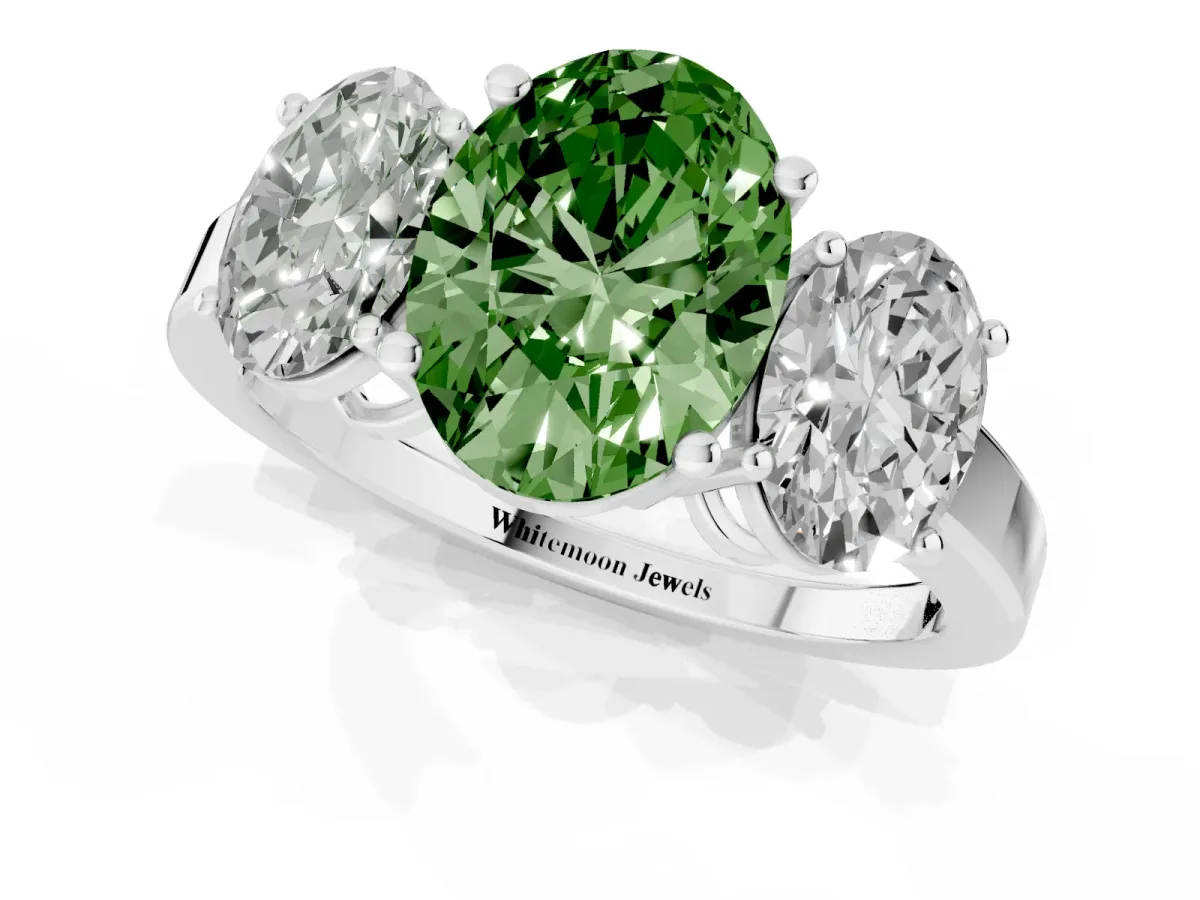 Fancy Green Three-Stone Oval Cut Cut Diamond Engagement Ring with Flat Band and Four-Prong Setting Silver