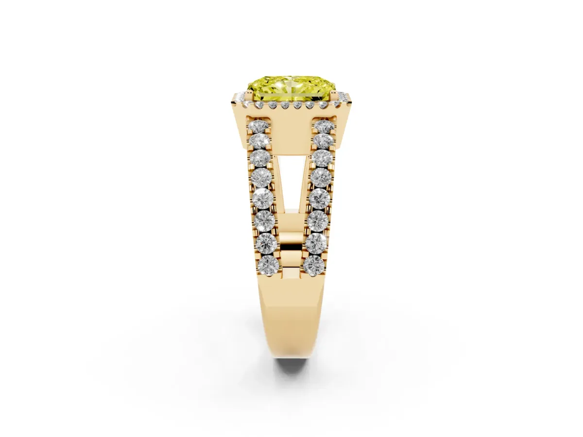 Fancy Yellow Radiant Cut Cut Halo Split Shank Diamond Ring with Four-Prong Setting Yellow gold